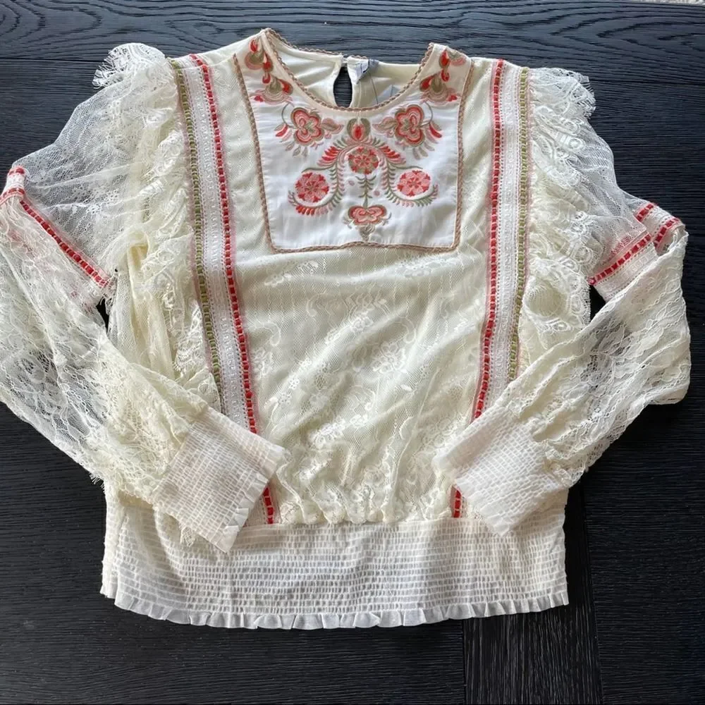 ANTHROPOLOGIE NWT Bl-nk Tali Embroidered Lace Top LARGE